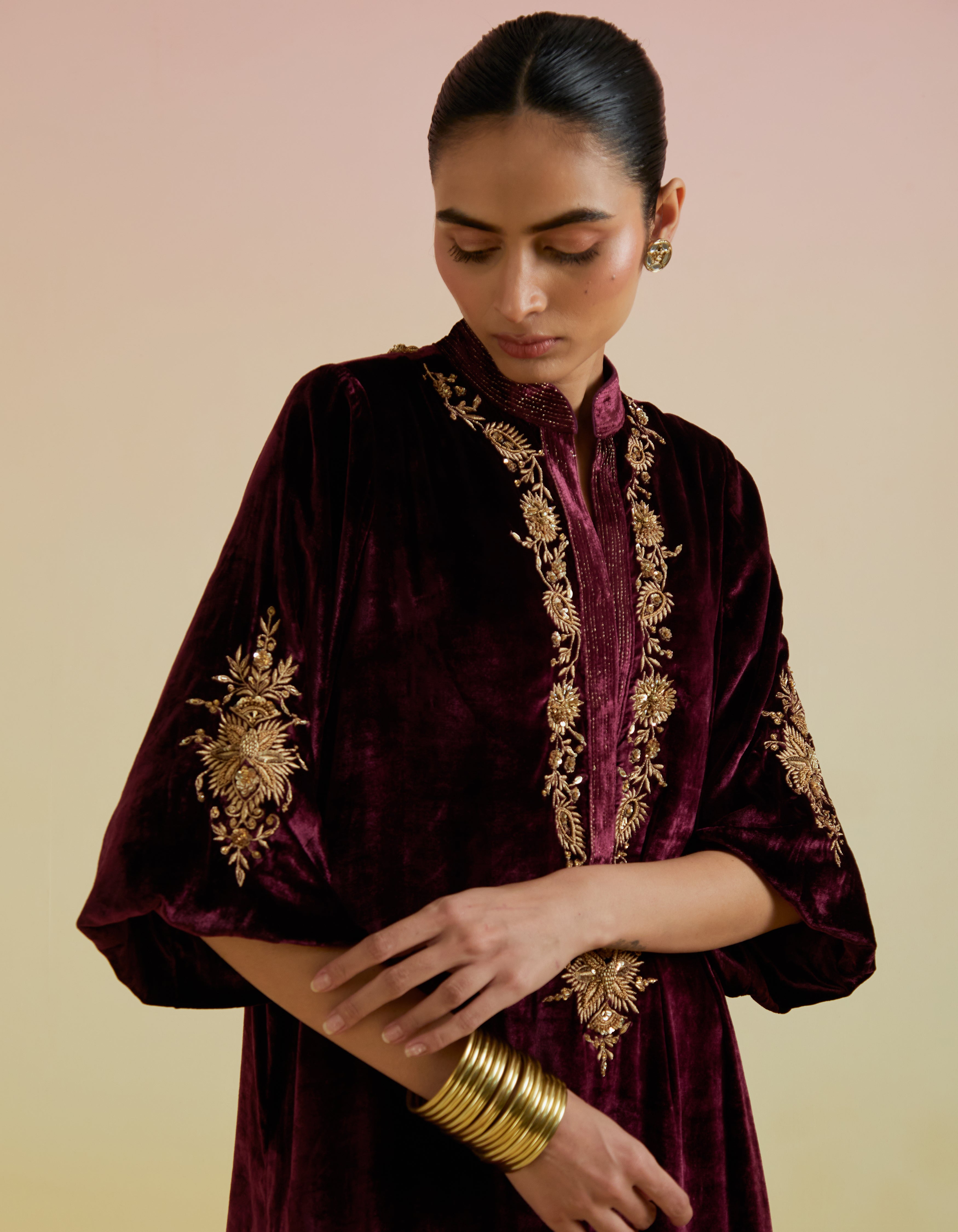 Anaya Velvet Kurta Set- Wine