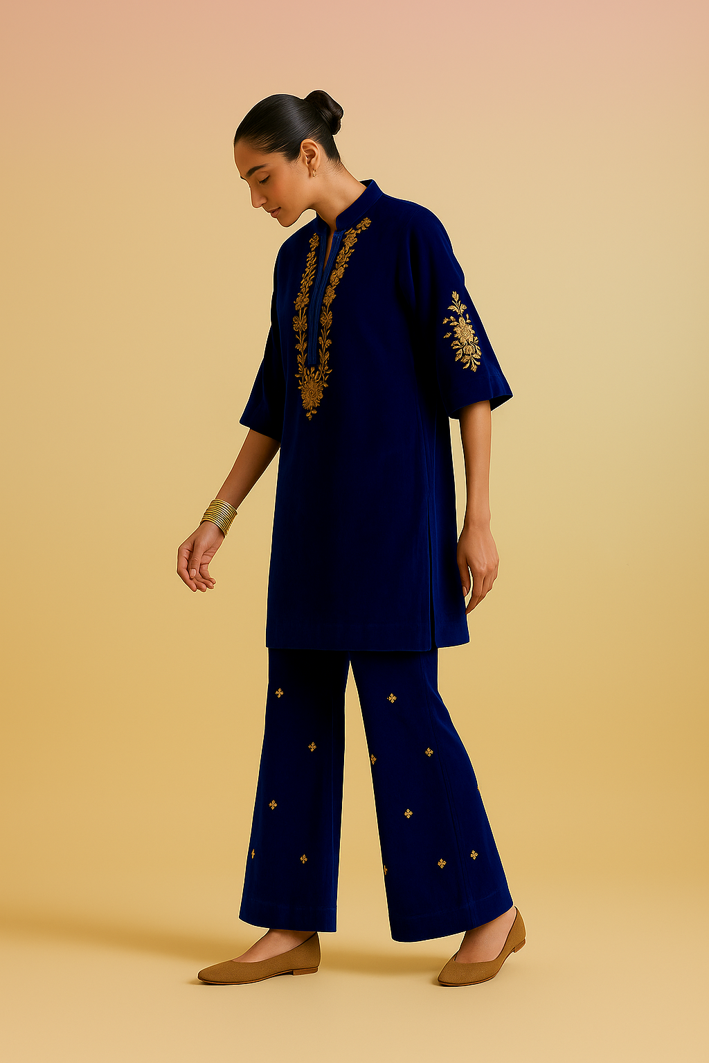 Anaya Velvet Kurta Set- Blue
