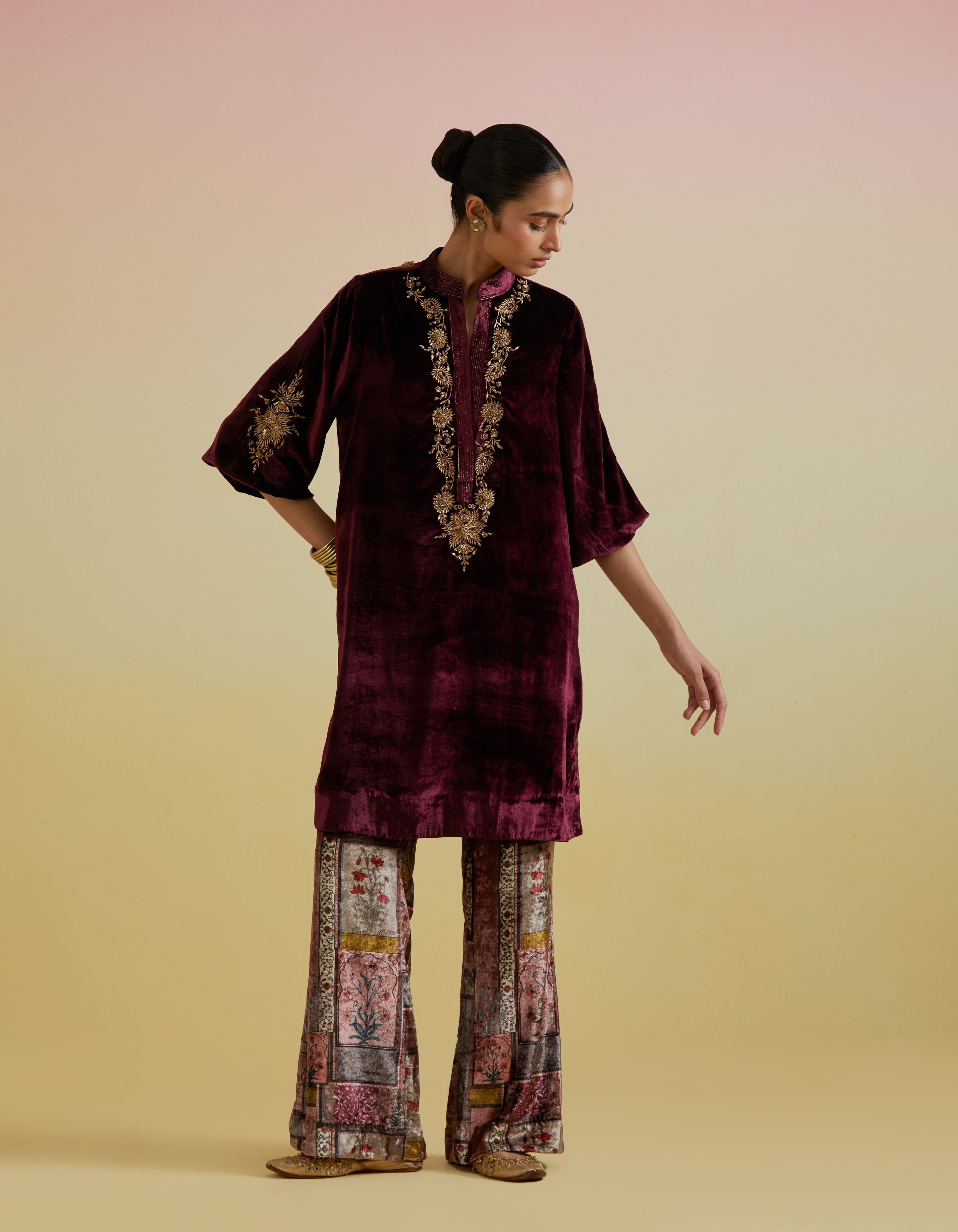Anaya Velvet Kurta Set- Wine