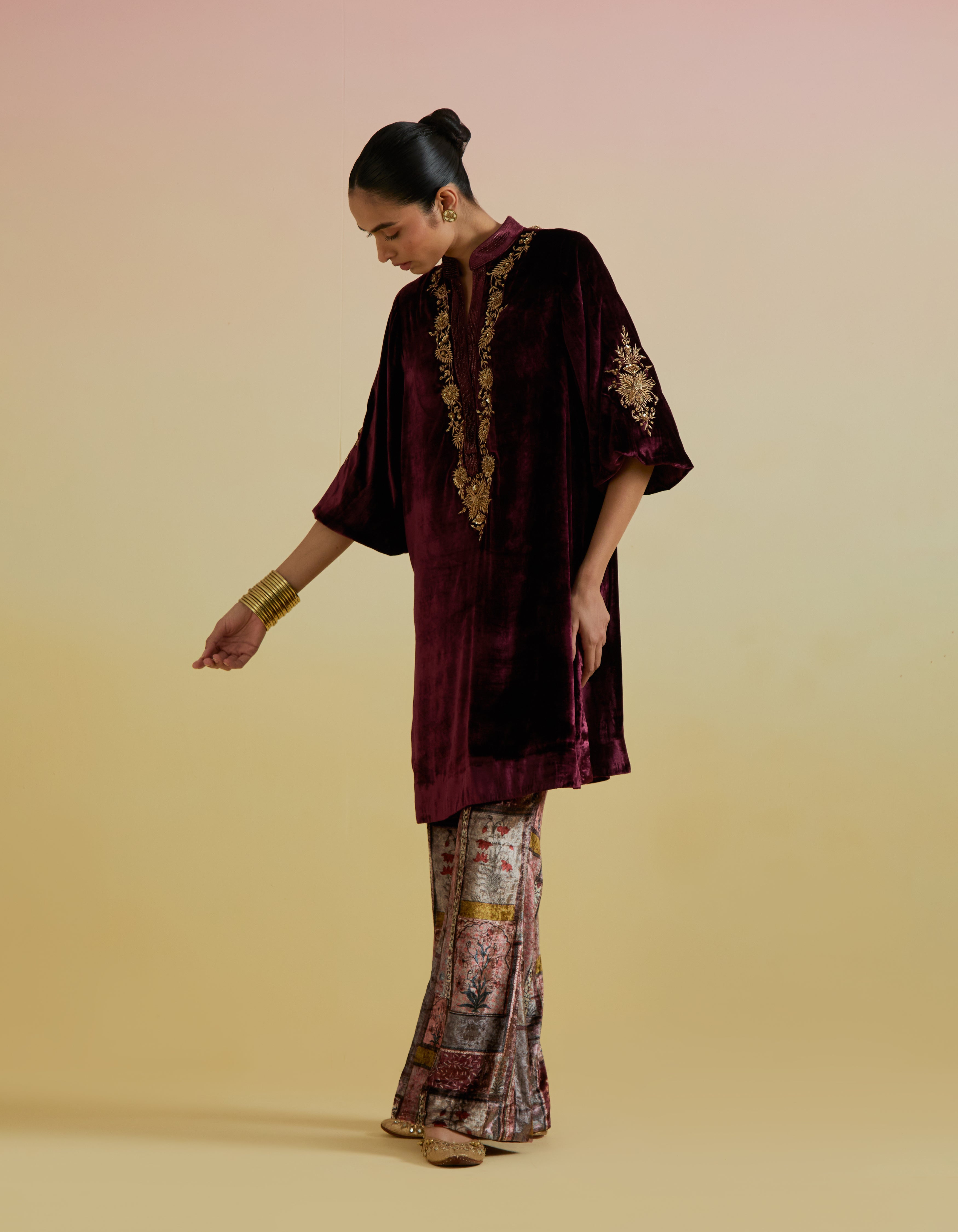 Anaya Velvet Kurta Set- Wine
