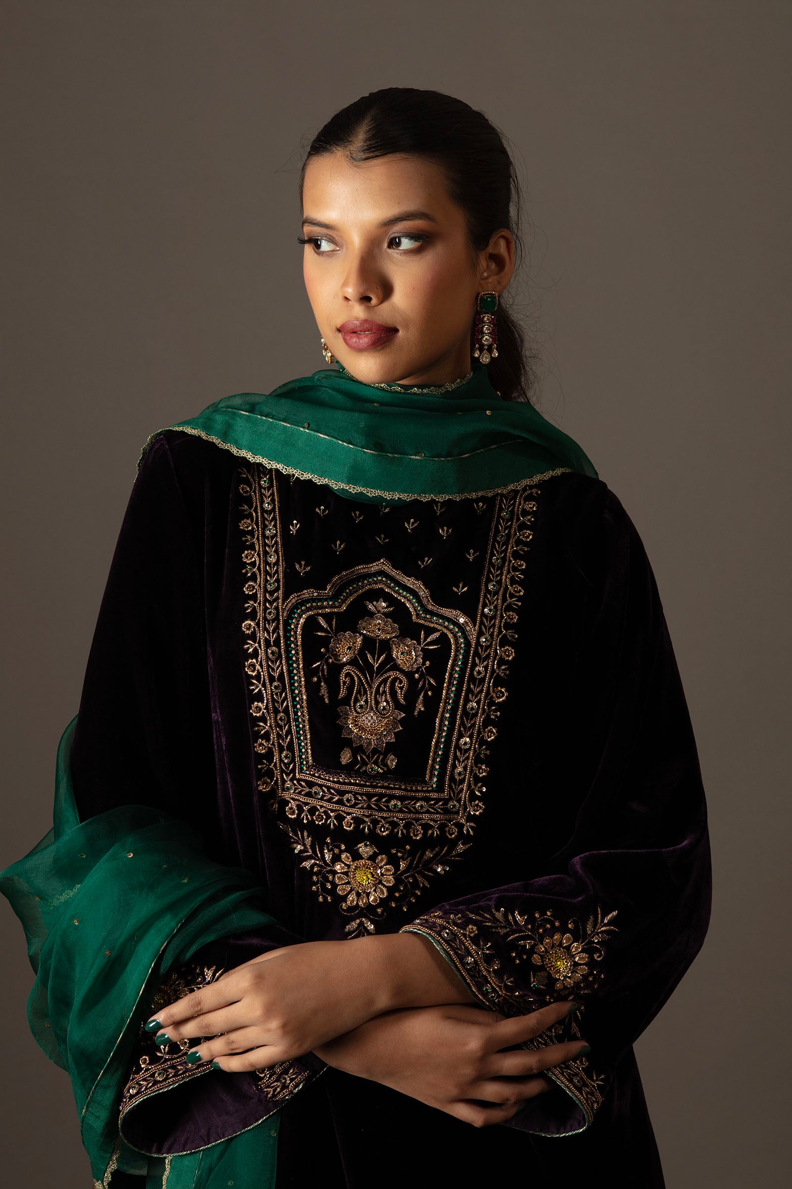 Naheed Velvet Kurta Set- Purple